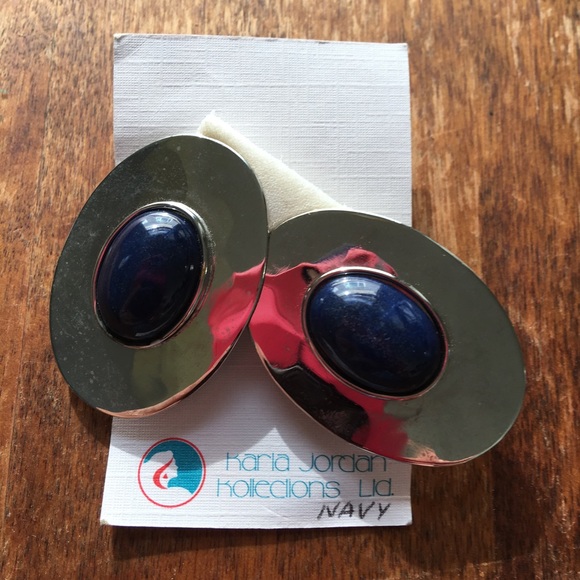 Vintage Karla Jordan Kollections earrings, silver, navy quartz stone inlay - Picture 1 of 8